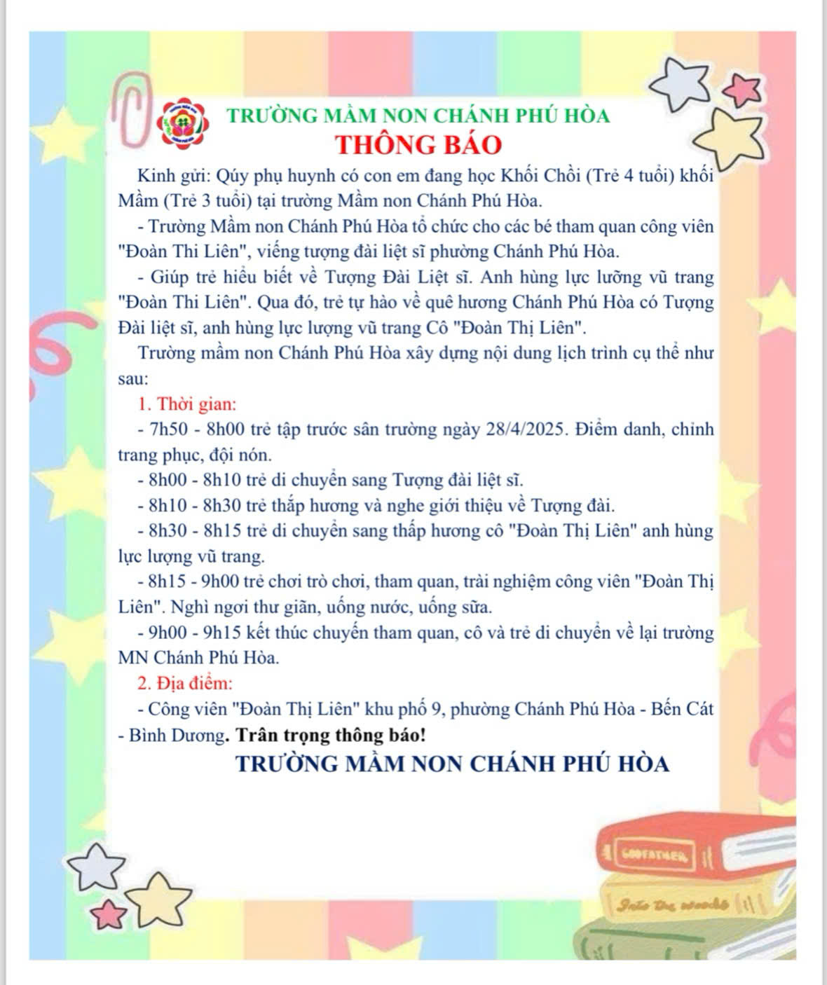 📣📣Trường mầm non Chánh Phú Hoà trân trọng thông báo đến quý phụ huynh 📣📣