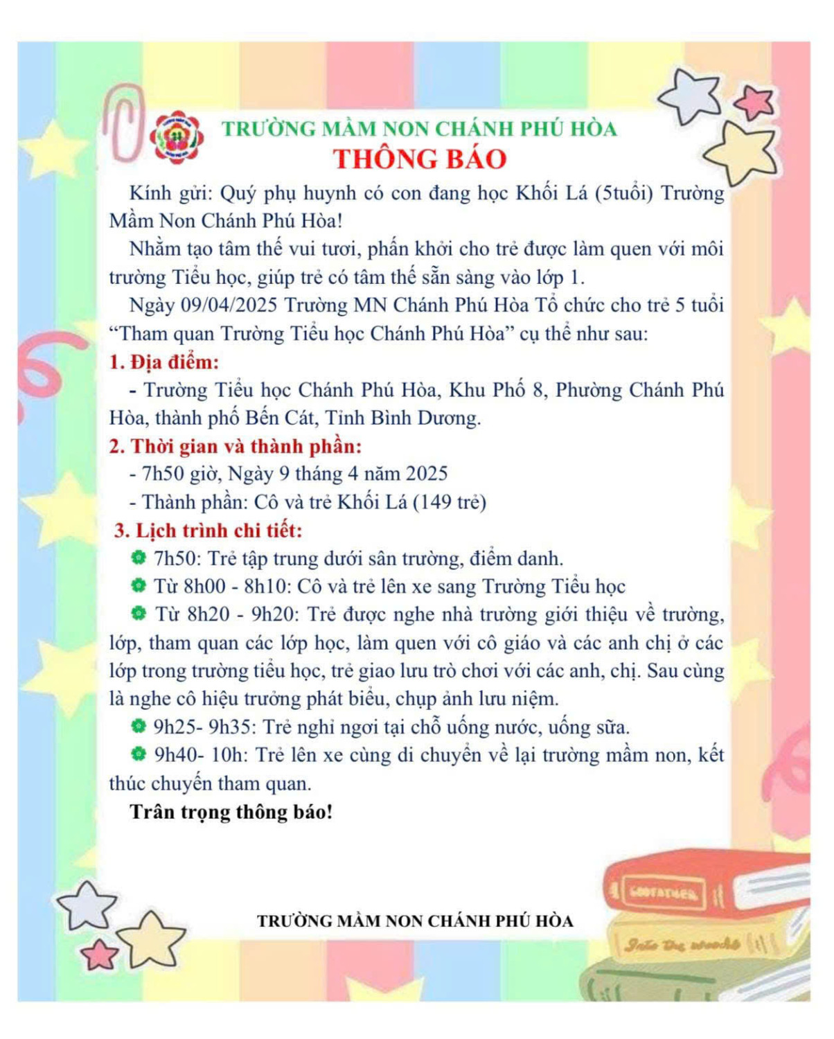 📣📣Trường mầm non Chánh Phú Hoà trân trọng thông báo đến quý phụ huynh 📣📣