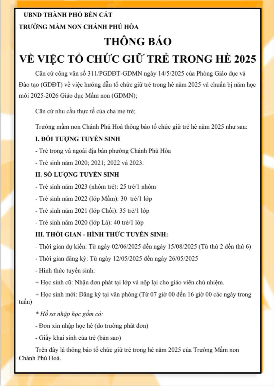 THÔNG BÁO VỀ VIỆC TỔ CHỨC GIỮ TRẺ TRONG HÈ 2025